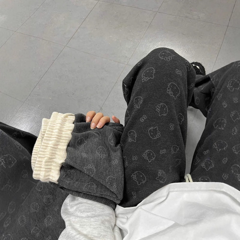 Cute Kitty Cat Printed Glutinous Rice Pants Women's 2025 Spring and Autumn Straight Loose Casual Wide Leg Pants