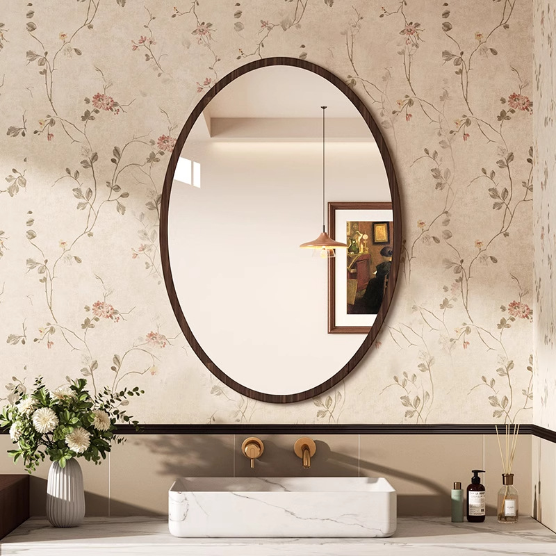 Medieval Style Oval Bathroom Mirror Home Bathroom Toilet Wall Hanging Punch-Free Wall-Mounted Self-Adhesive Bathroom Makeup Mirror
