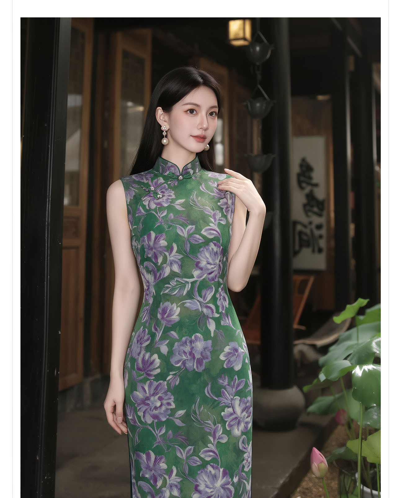 Đầm ôm body nữ dài tay in họa tiết hoa xanh cổ điển — xanh lá cây chi tiết 2