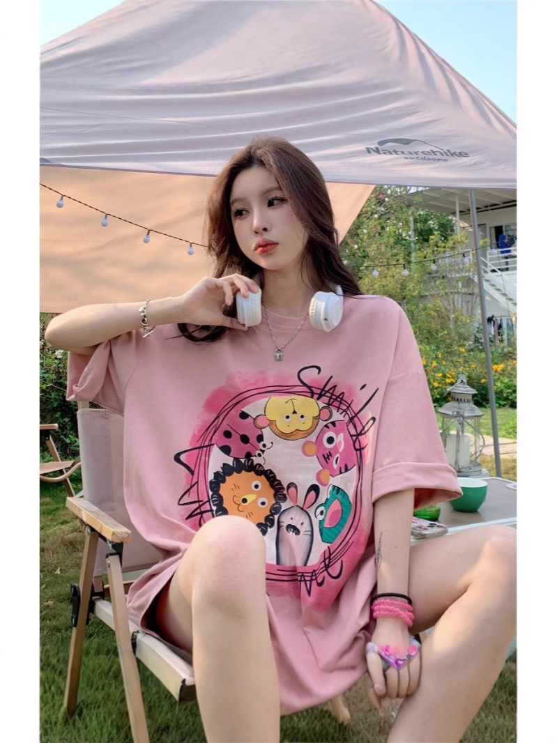Pure Cotton Cartoon Printed Pink Short-sleeved T-shirt Women's Ins Fashionable Summer Half-sleeved T-shirt Loose plus size Lazy Style Top