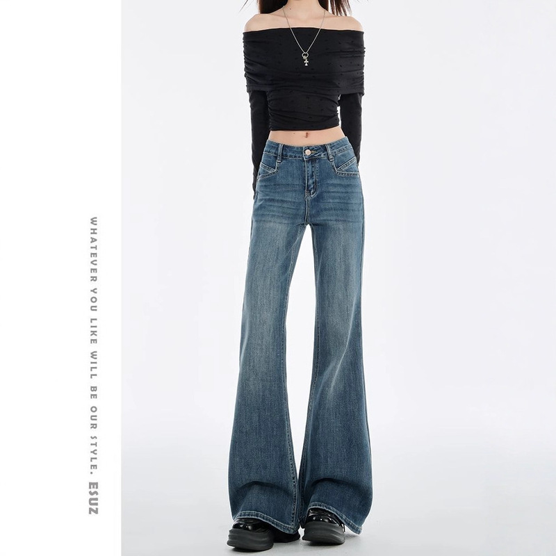 Vintage Blue Flared Jeans for Women, Autumn 2025 New Style, Slimming, Loose Fit, Floor-Length Bell-Bottom Pants, Trendy