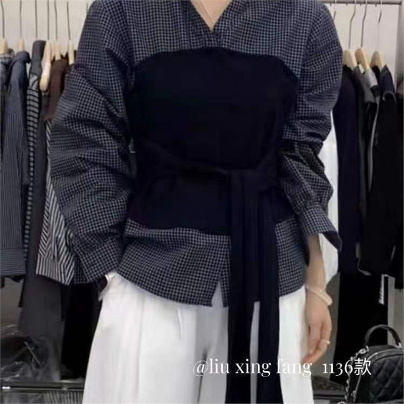 2025 New Autum Design Lapel Patchwork Waist Fake Two-Piece Long-Sleeved Plaid Shirt Zipper Strap Two-Wear