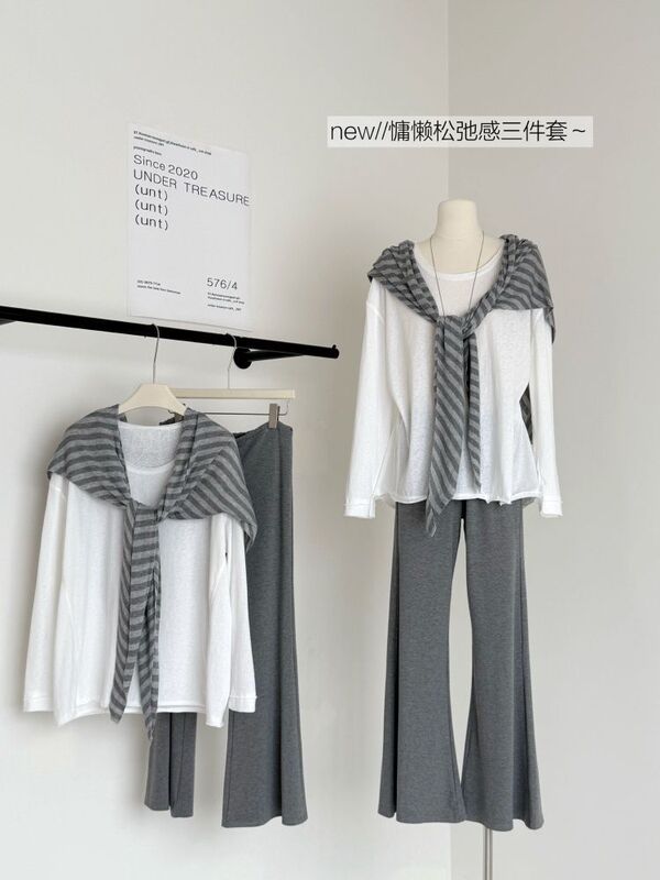 Plus-Size Lazy Suit Thin Long-Sleeve Shirt Women's Striped Shawl Early Autumn Flared Pants Three-Piece Set