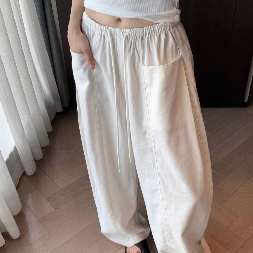 Quần culottes nữ ống rộng cạp thun dây rút vải linen mùa hè — màu đen, màu trắng ngà chi tiết 4