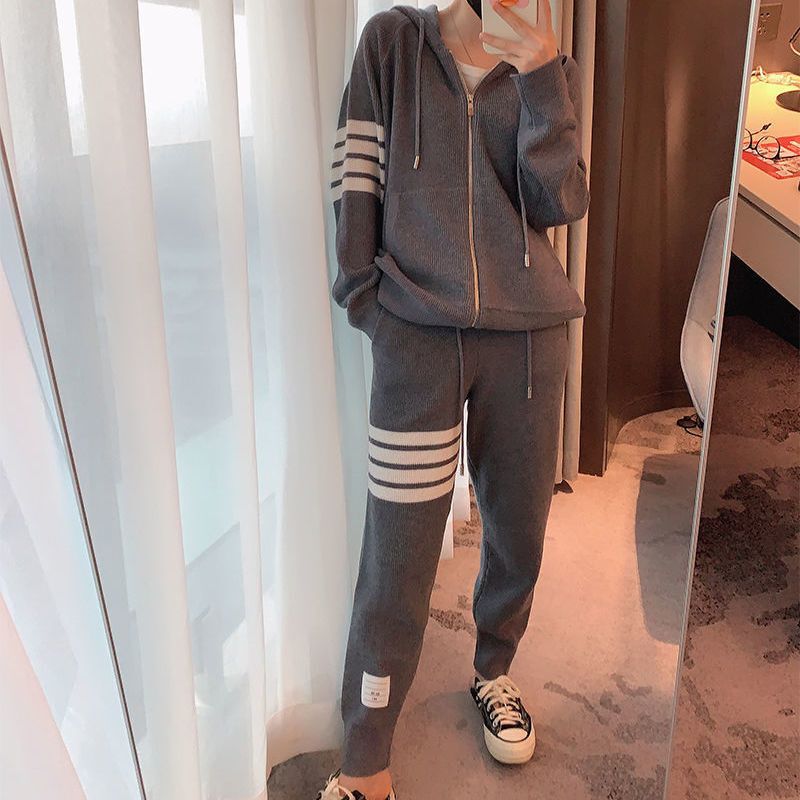 801#网红休闲运动套装女春秋季新款四道杠大码卫衣外套时尚两件套|undefined