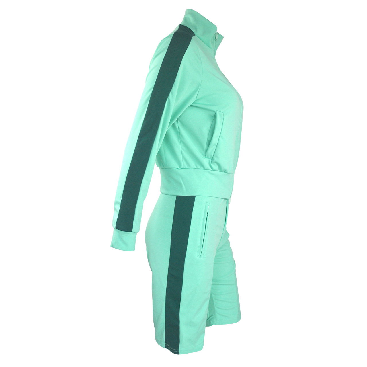 Two-piece Lapel Collar Color Block Jacket And Shorts Sports Set