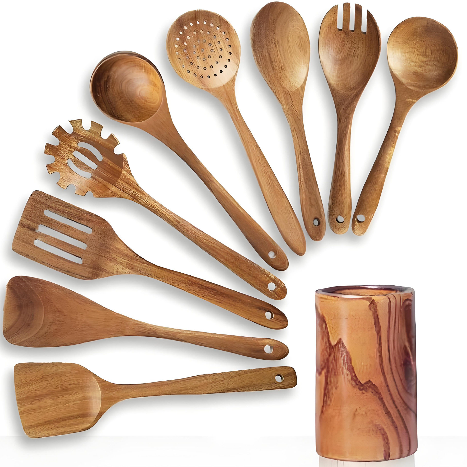 Set de madera de teca horquilla de madera sólida horquilla antiadherente horquilla de madera de acacia cocina utensilios de cocina de mango largo horquilla de verduras pala de cocina conjunto de varias piezas
