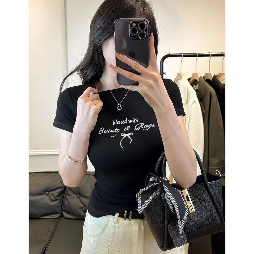 Camiseta corta gris claro de mujer impresa arco textural camiseta de manga corta de mujer verano 2026 nueva moda ropa delgada