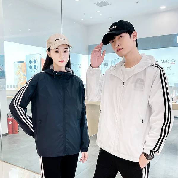 Quality Men's Nylon Fabric Three Bar Jacket Couple Autumn Sportswear Unisex Hooded Jacket Windbreaker