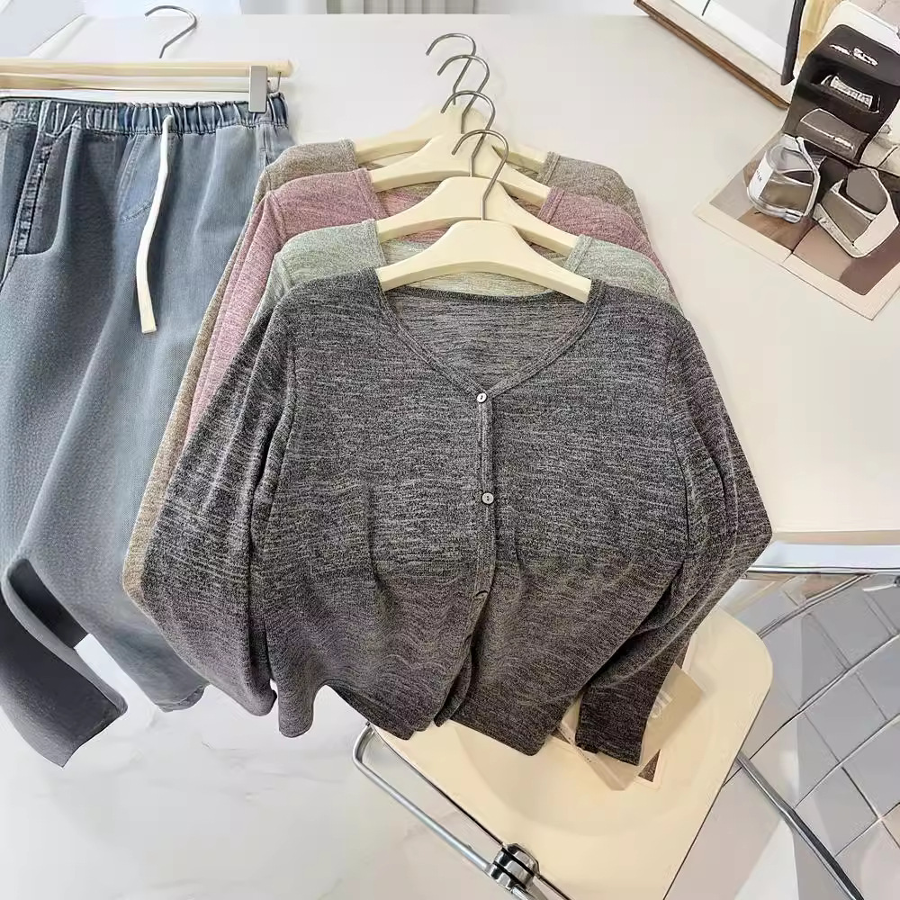 软绵透气雪花棉针织开衫女V领春秋夏季薄款灰色长袖防晒衫上衣女