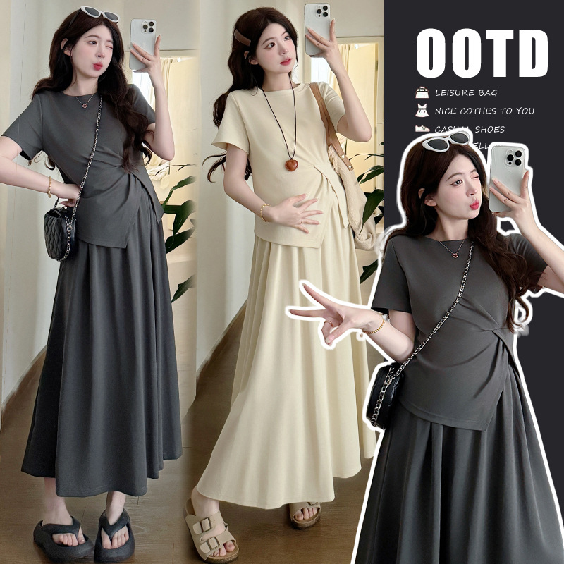 2026 Summer Maternity Wear Simple and Stylish Two-Piece Set New Pleated Slimming Top Adjustable Maternity Skirt