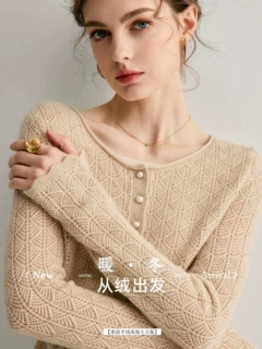 / 高奢_纯山羊绒开衫女圆领钩花镂空毛衣针织外套