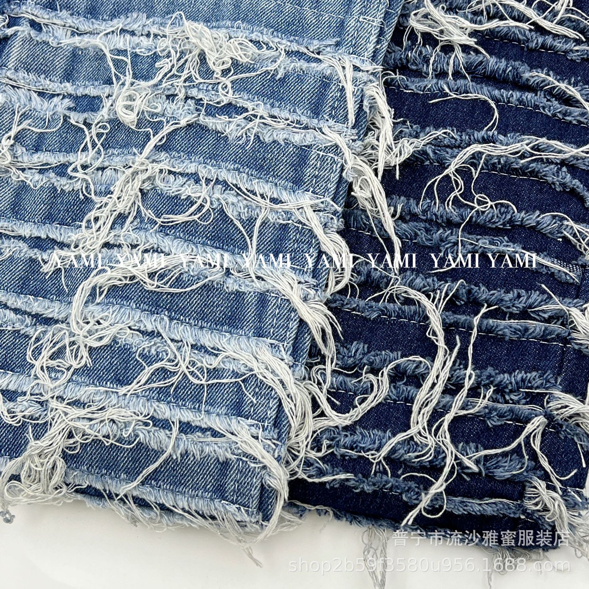Venta directa de fábrica de doble capa de rayas horizontales borla tela de mezclilla moda marca textura bolsa de tela de los pantalones vaqueros