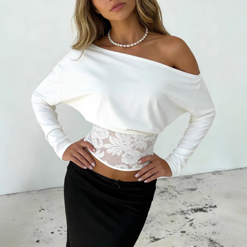 European and American Cross-Border Amazon New Sexy Hot Girl One-Shoulder Batwing Sleeve Lace Patchwork Summer Women's Top