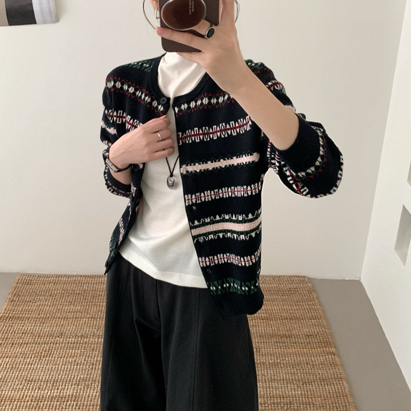 南油批发不零售女装10羊毛软糯费尔岛图案提花针织开衫厚毛衣外套