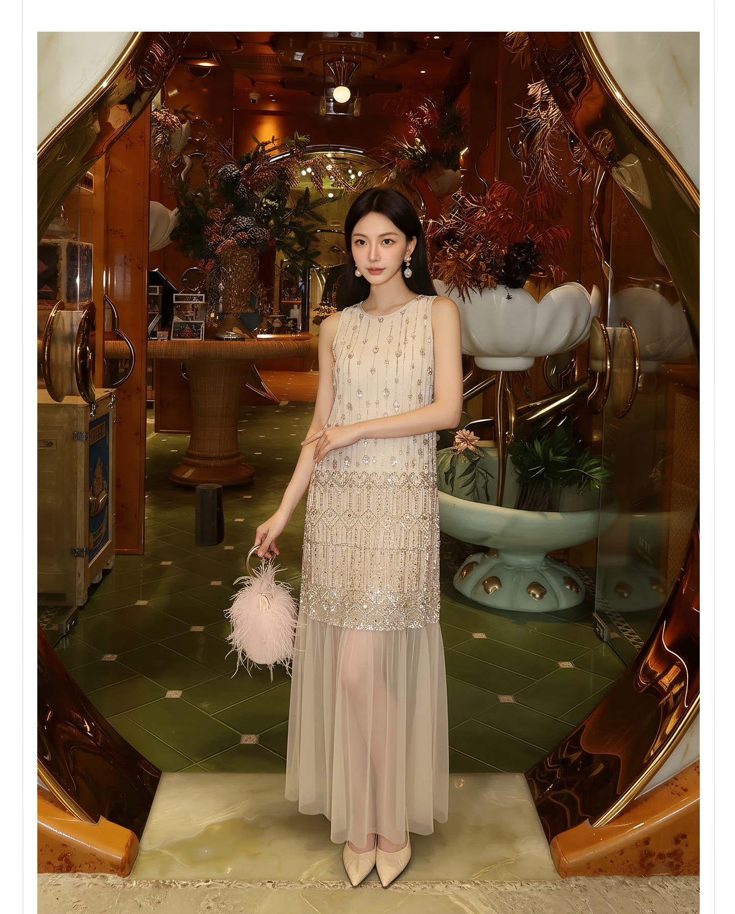 Đầm suông nữ midi không tay phong cách tân cổ điển Trung Quốc, họa tiết sequin lấp lánh — màu trắng ngà chi tiết 6