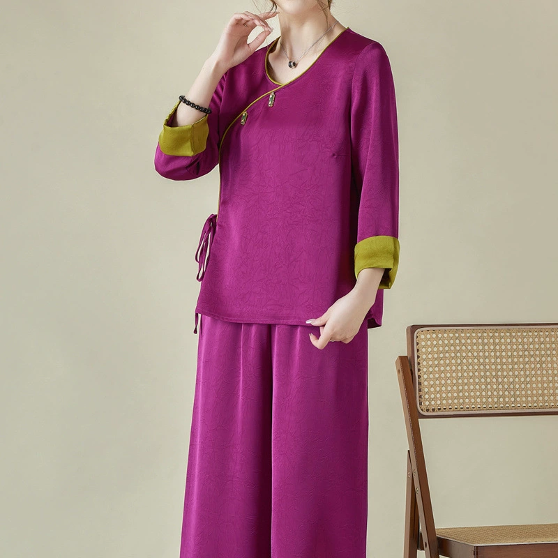 Женский комплект из атласа с тиснением, устойчивый к складкам, с асимметричным воротником, круглым вырезом, утягивающий, свободный топ