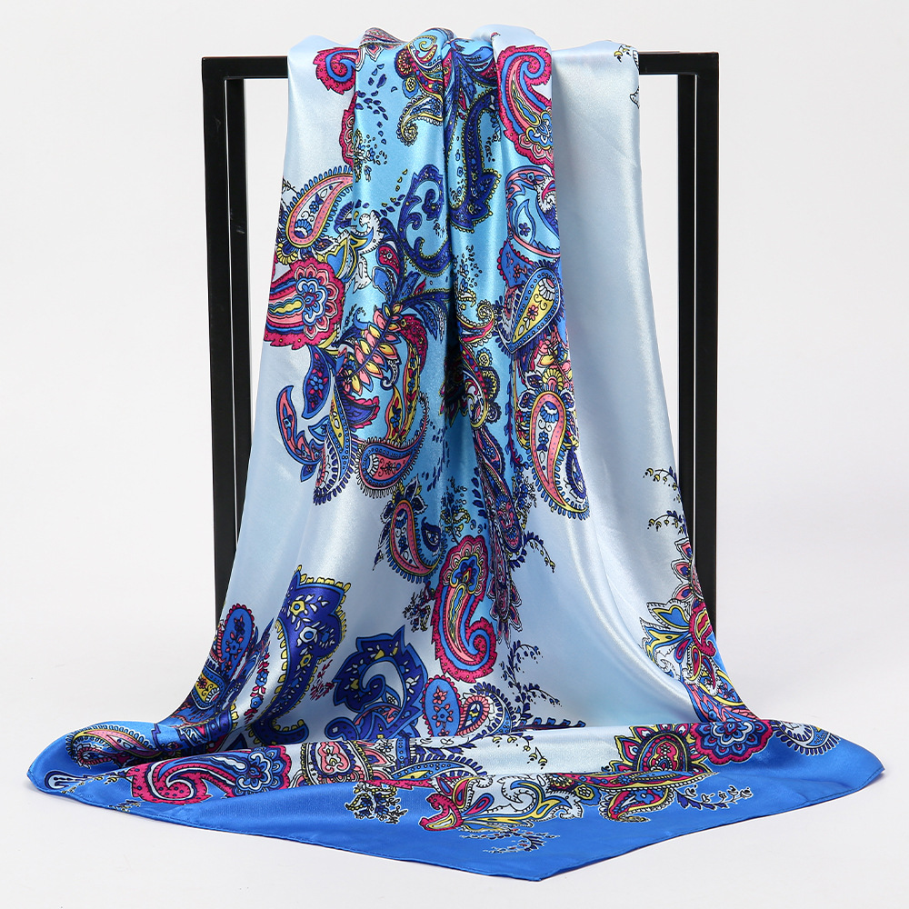 Moda y elegancia 90 satén bufanda cuadrada grande protección solar playa bufanda de seda chal patrón de flor de anacardo de doble uso collar de cinta mujer