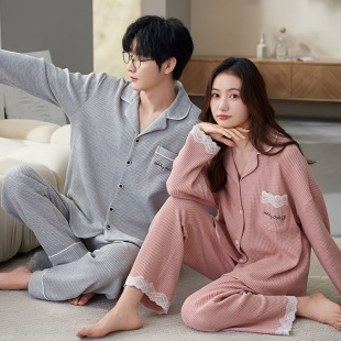 Couple pajamas women's autumn and winter cardigan long sleeve cotton Korean cartoon men's and women's home clothes suit a generation of hair