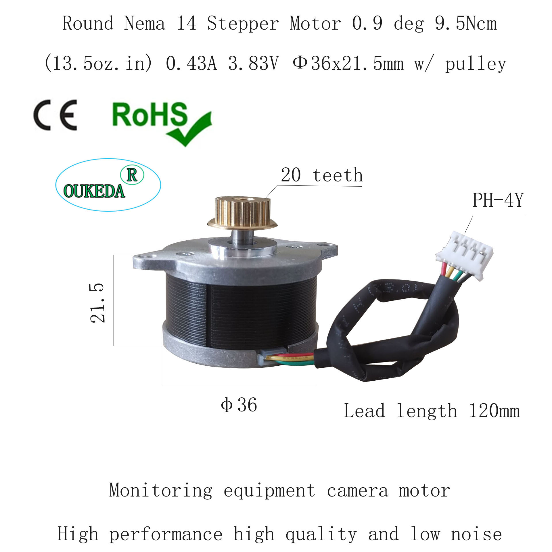Round Nema 14 Stepper Motor 0.9 deg 9.5Ncm 0.43A Φ36x21.5mm