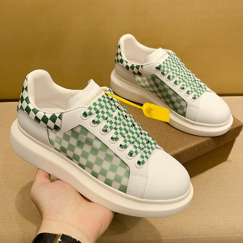 Checkerboard White Genuine Leather Thick Sole Trendy Brand Men's Shoes European Luxury High-End Casual Sneakers For Men_voghion.com
