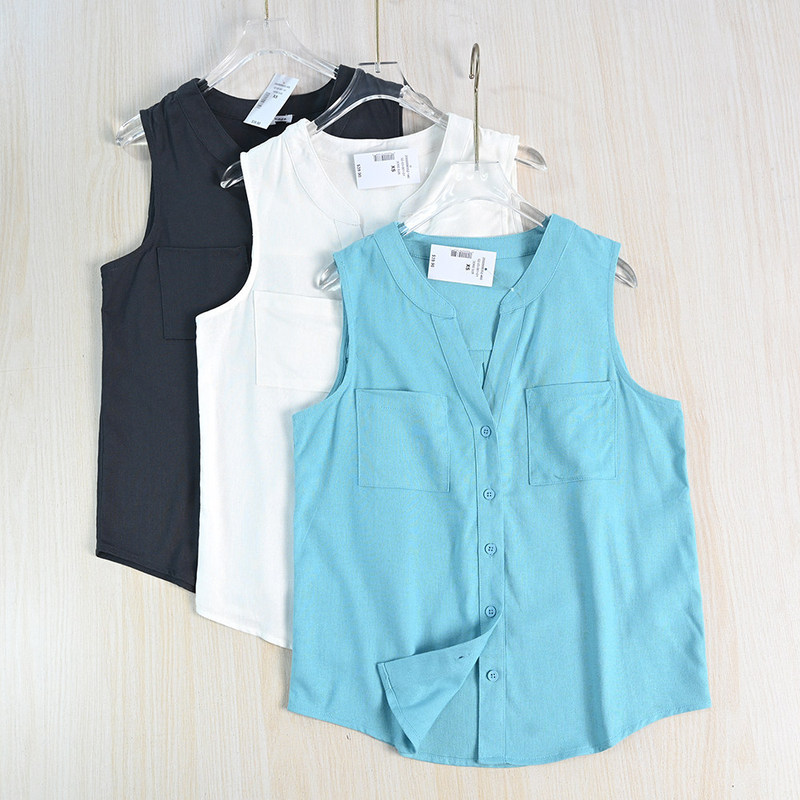 Siqi Women's Clothing 266/25 Commuting Linen Blend Double Patch Pocket V-Neck Loose Casual Sleeveless Shirt