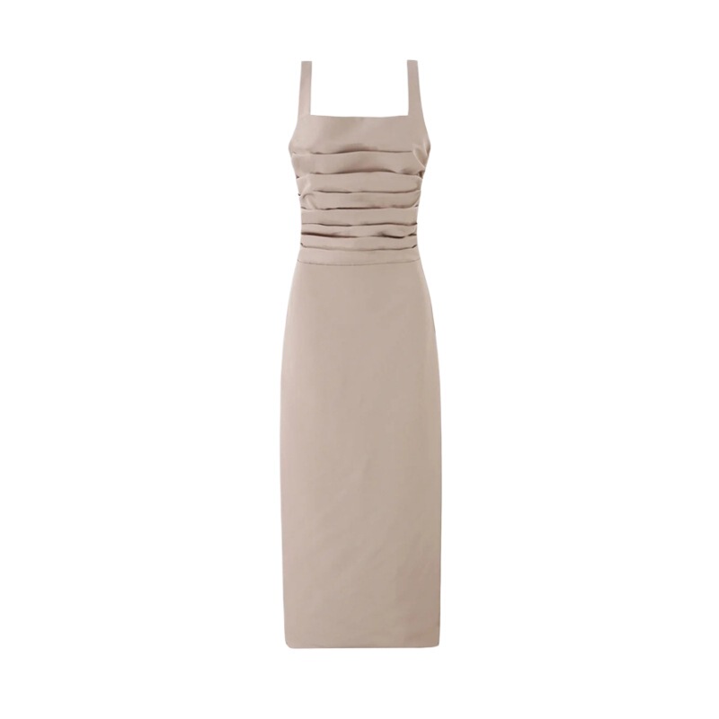 French-Style Elegant Pleated Maxi Dress for Women, New Solid Color Slit Slim-Fit Bodycon Dress for Tall Individuals