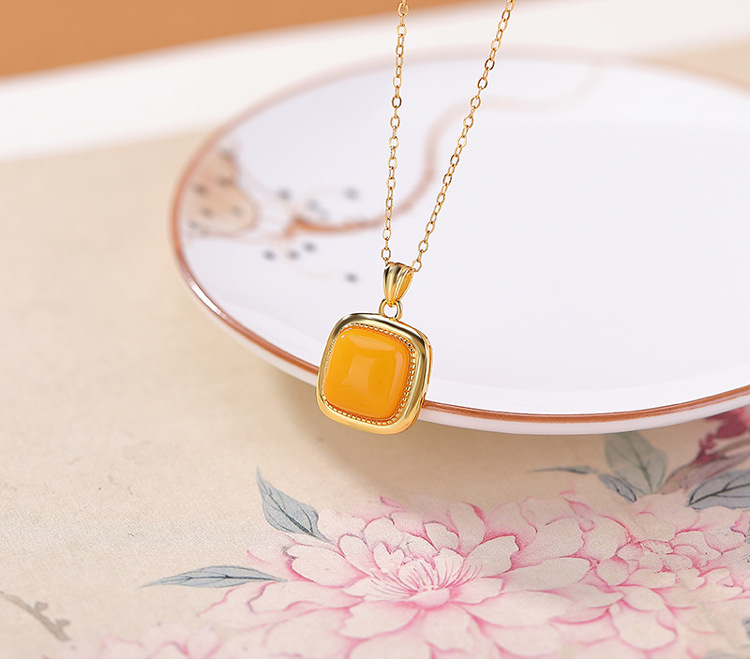 Mặt dây chuyền bạc S925 mạ vàng hình vuông đơn giản phong cách hình học — Mẫu ngọc bích trong (mặt dây chuyền đơn) chi tiết 9