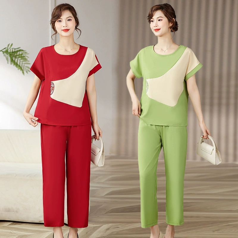 Летний костюм для новоиспеченной мамы 2025 года, модный топ-двойка, летняя футболка с коротким рукавом для женщин среднего и пожилого возраста