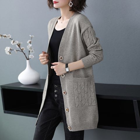 Cardigan Sweater Women's Mid-Length Loose Thin New Year's New Large Size Spring and Autumn Casual Wear Knitted Jacket
