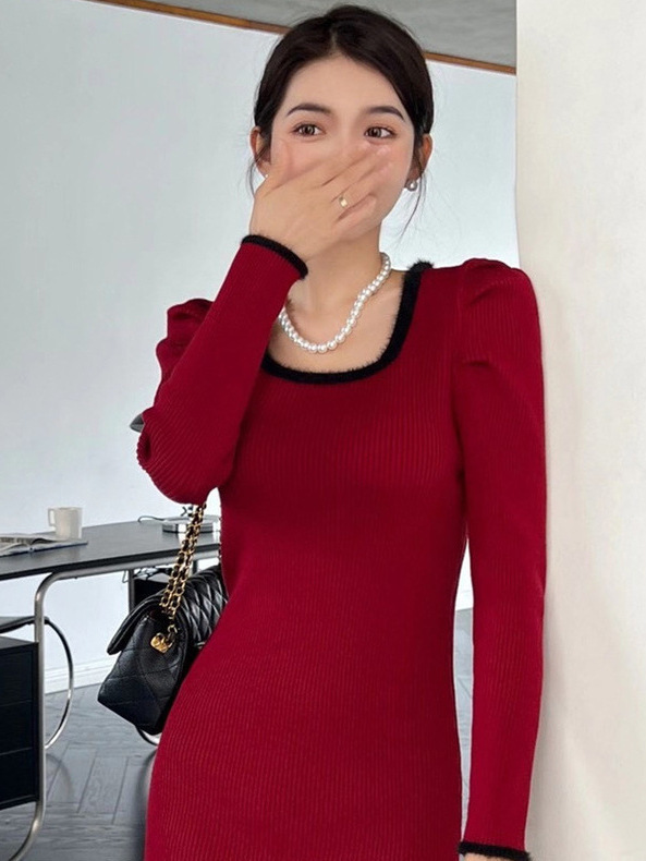 感法式小香风包臀裙女秋冬新款内搭甜辣美气质外穿长袖连衣裙|undefined