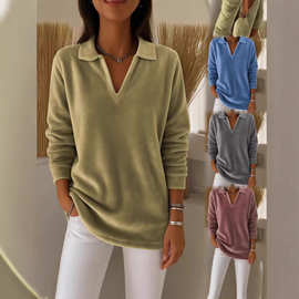 2025欧美跨境亚马逊秋新款女装休闲宽松时尚复古长袖套头绒衫卫衣