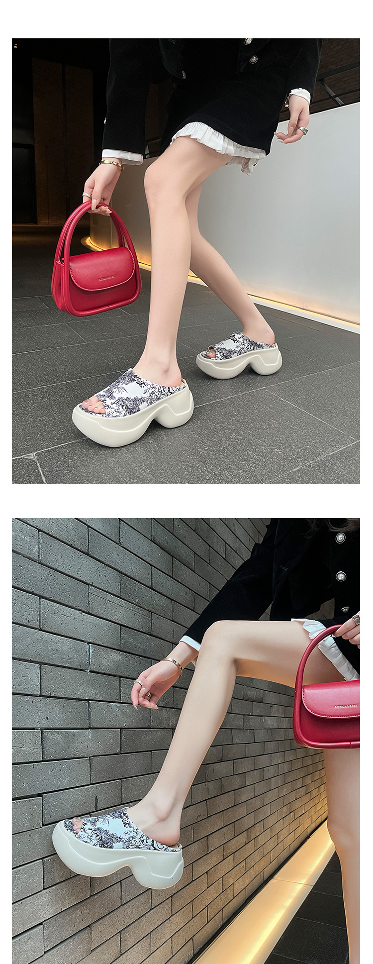 Dép xỏ ngón nữ đế dày thêu họa tiết phong cách Trung Quốc, gót cao phối sườn xám — Màu đen, Màu trắng chi tiết 7