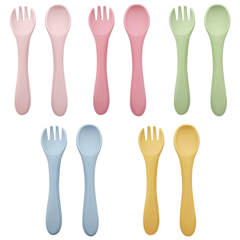 Spot supply silicone spoon food grade baby self-eating soft spoon children's eating training feeding fork spoon