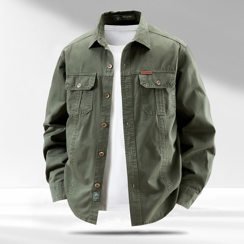 Spring and Autumn Pure Cotton Washed Shirt Workwear Outdoor Casual Large Size Long-Sleeved Shirt Solid Color Men's Loose Top Versatile