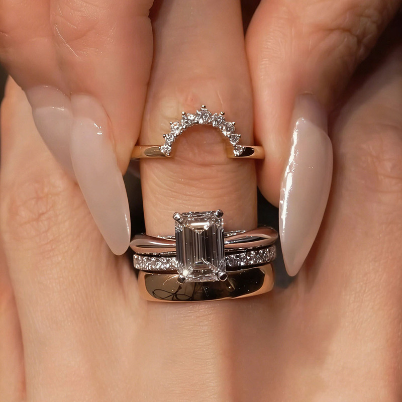 INS-style European and American geometric zircon stackable open ring, high-end versatile index finger ring set