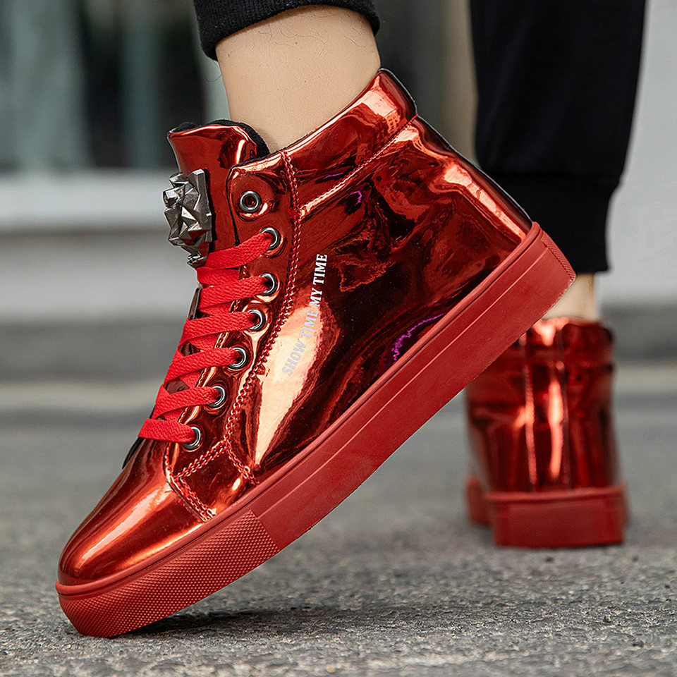 Giày sneaker nam cổ cao da bóng phong cách Hàn Quốc, giày thể thao thời trang cá tính — Bạc, màu xanh, màu đen, màu đỏ chi tiết 24
