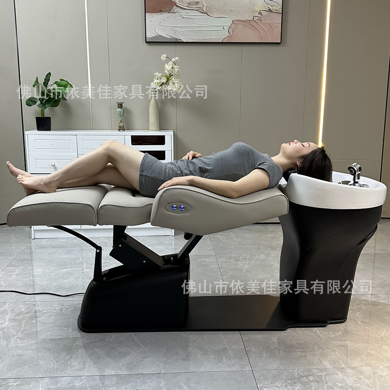 Cama de lavado de cabello eléctrica italiana, cama de lavado de masaje, asiento superior e inferior ajustable, cama de cerámica de tratamiento de cabello, cama de lavado de cabello