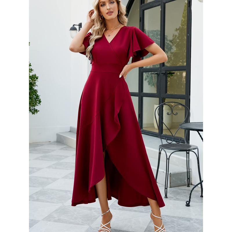 2026 Cross-Border New European and American High and Low Swing Cut Out Collar Dress Elegant Pure Color Dress