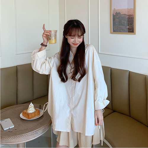 Women's Off-the-shoulder Long-sleeve Apricot Color Shirt with Design Elements, Loose Fit, A-line Hem, and Side Slits - Spring/Early Summer Casual Top