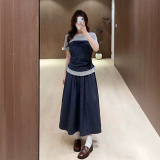 大码女装藏蓝色套装2026年夏季新款拼接短袖T恤半身裙两件套
