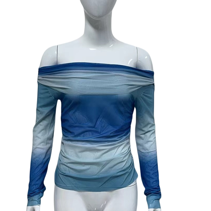 Women's Ombre Gradient Mesh Off Shoulder Top, Long Sleeve Ruched Sheer Blouse_ecoleips.com