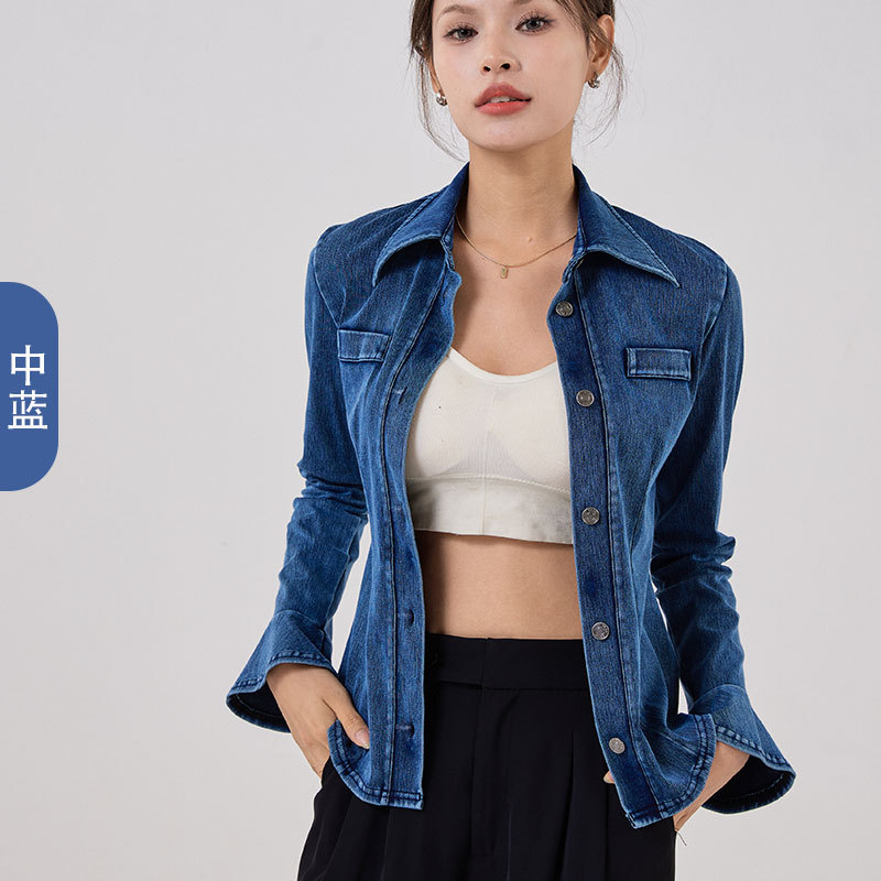 Nueva camisa de vaqueros con mangas de cuerno, camisa de vaqueros con cuello delgado, hebilla de metal elástica, chaqueta deportiva de fitness