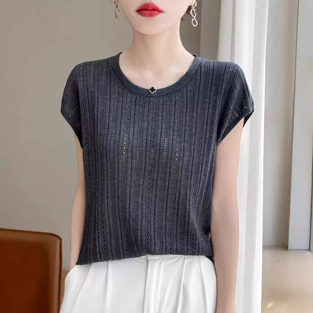 超细精纺纱纯色麻花镂空无袖针织衫女夏季新款圆领打底衫百搭上衣