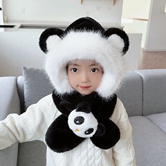 儿童毛绒帽子围巾一体帽秋冬季男童护耳帽女童宝宝可爱卡通两件套