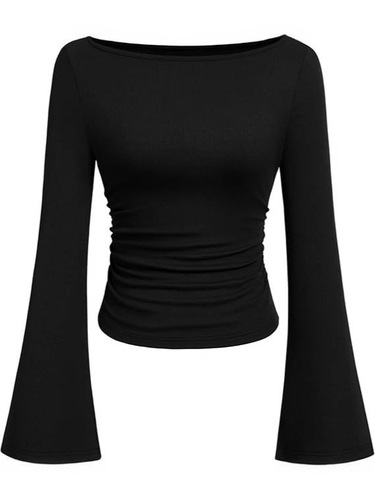 American-style spicy beauty solid color boat neck trumpet sleeve T-shirt for women, autumn version, slim-fitting pleated, invisible, long-sleeved top