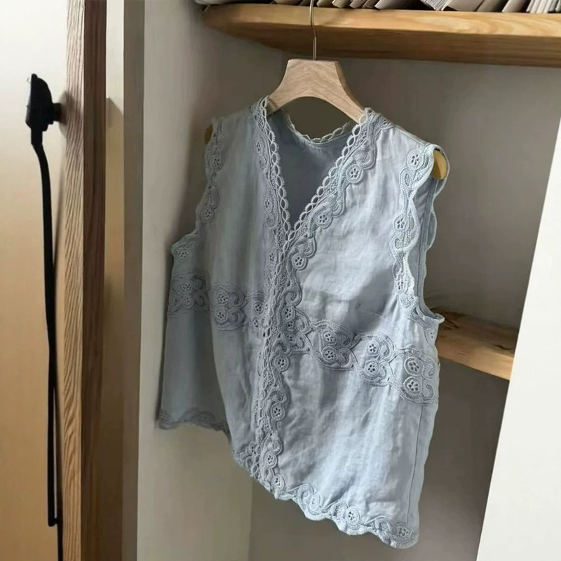 ONE recommendation~Blue embroidered lace V-neck cotton-linen shirt for women, 2026 summer sleeveless tank top ONE recommendation~Blue embroidered lace V-neck cotton-linen shirt for women, 2026 summer sleeveless tank top