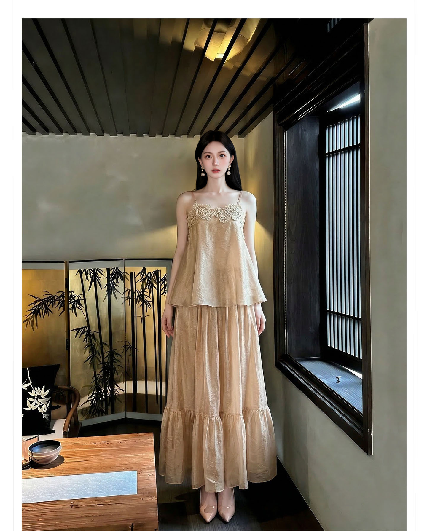 Bộ váy áo khoác + đầm maxi thắt eo phong cách Tân Trung Hoa, họa tiết jacquard nổi bật — nửa váy, Trang chủ, áo khoác chi tiết 14