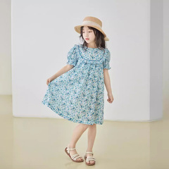 Girl's Spring and Summer New Blue Floral Dress with Korean Style Round Neck Sweet Bouquet Sleeve Princess Dress
