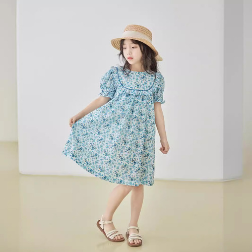 Girl's Spring and Summer New Blue Floral Dress with Korean Style Round Neck Sweet Bouquet Sleeve Princess Dress
